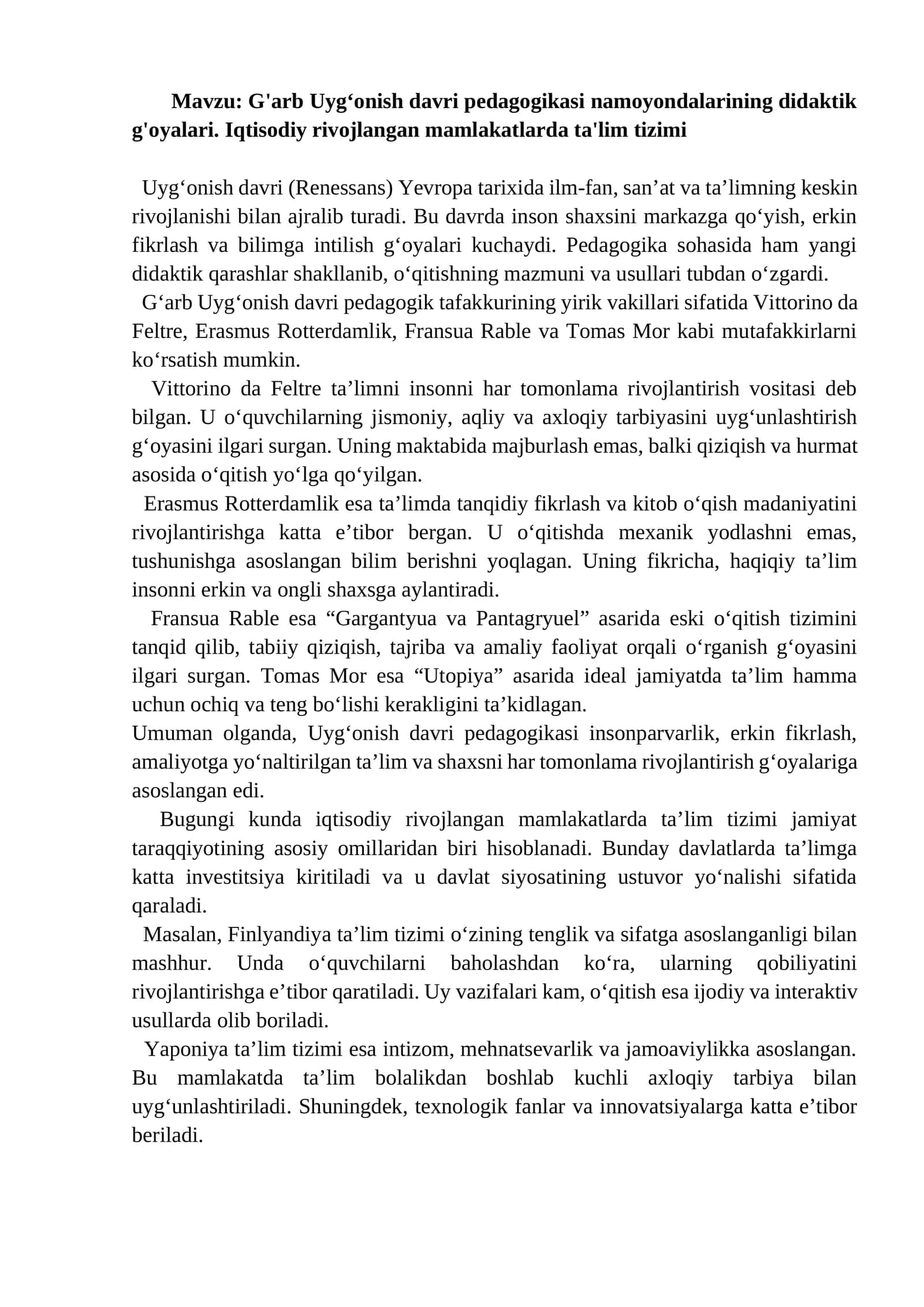 G'arb Uyg'onish davri pedagogikasi namoyondalarining didaktik g'oyalari
