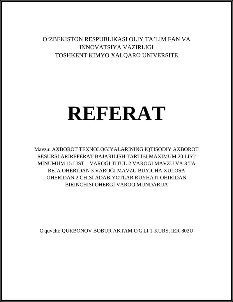 AXBOROT TEXNOLOGIYALARINING IQTISODIY AXBOROT RESURSLARI REFERAT