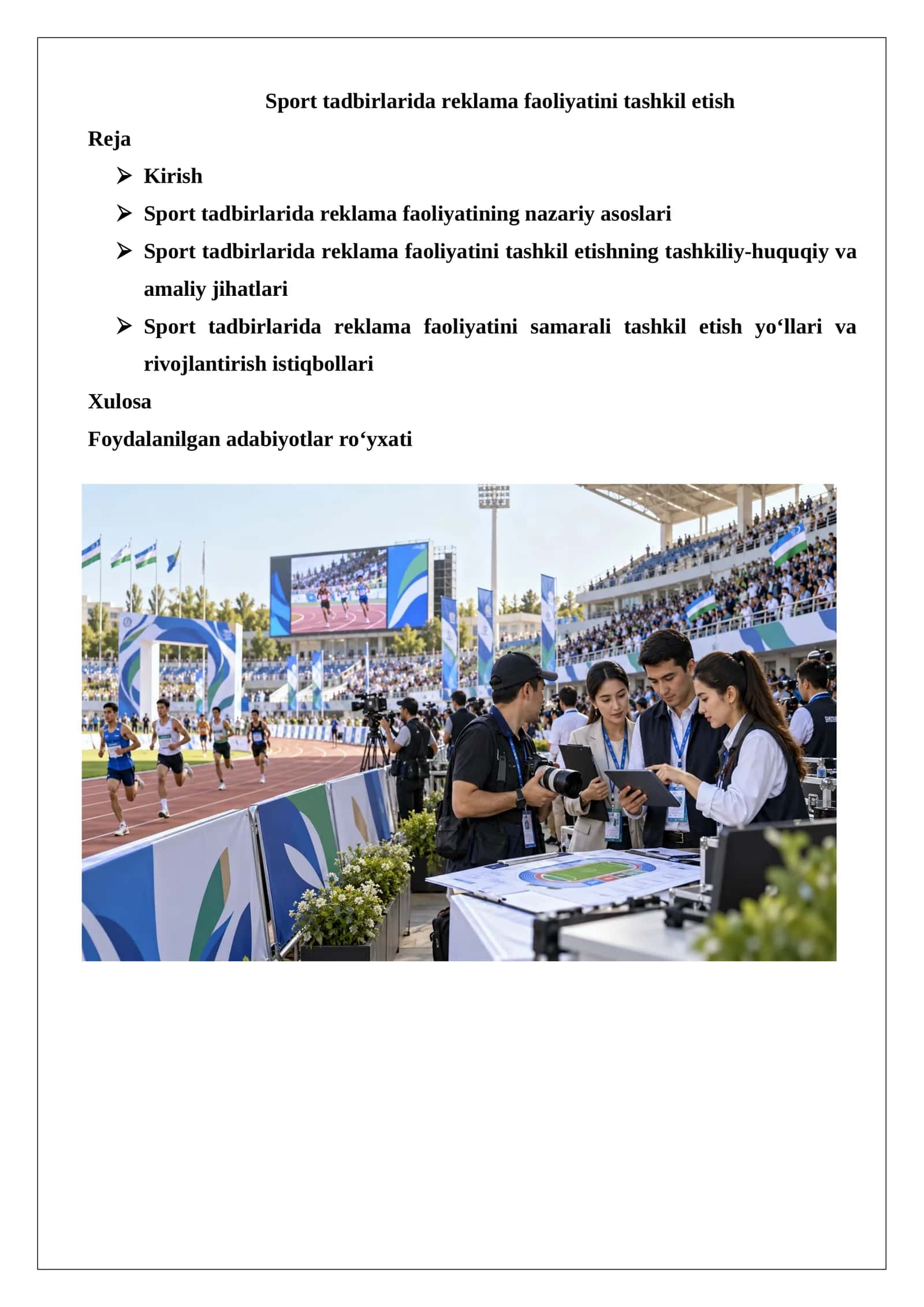 Sport tadbirlarida reklama faoliyatini tashkil etish