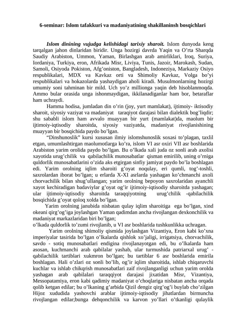 Islom tafakkuri va madaniyatining shakillaninsh bosqichlari
