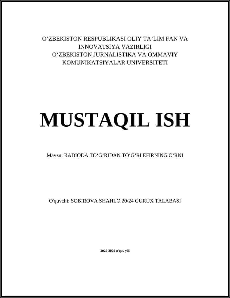 RADIODA TOʻGʻRIDAN TOʻGʻRI EFIRNING OʻRNI