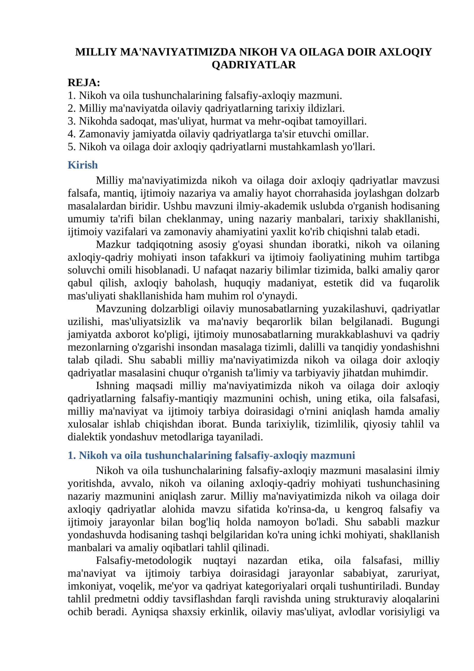 Nikoh va oilaga doir axloqiy qadriyatlar