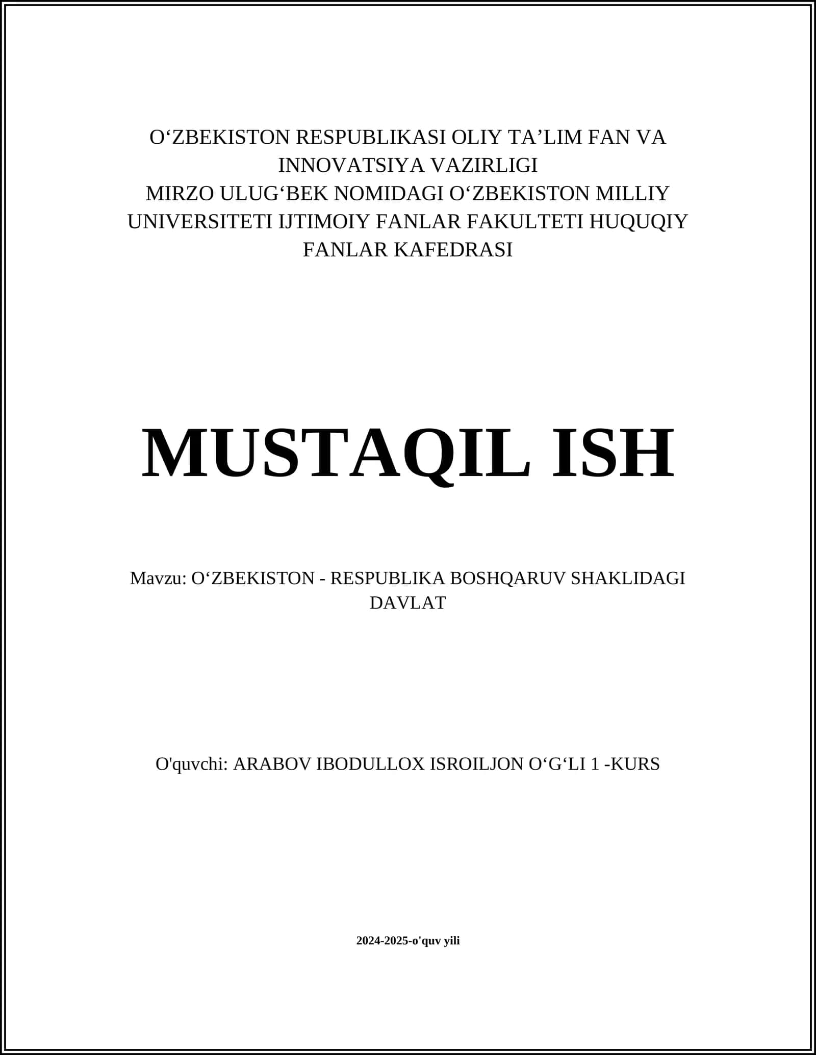 OʻZBEKISTON - RESPUBLIKA BOSHQARUV SHAKLIDAGI DAVLAT