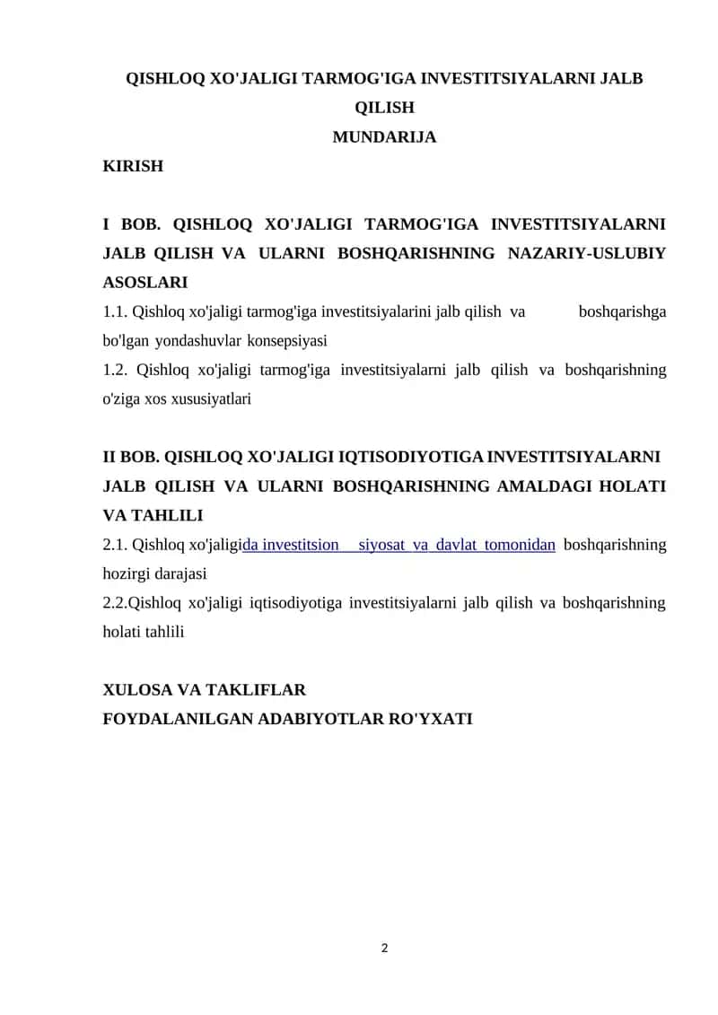 QISHLOQ XO'JALIGI TARMOG'IGA INVESTITSIYALARNI JALB QILISH