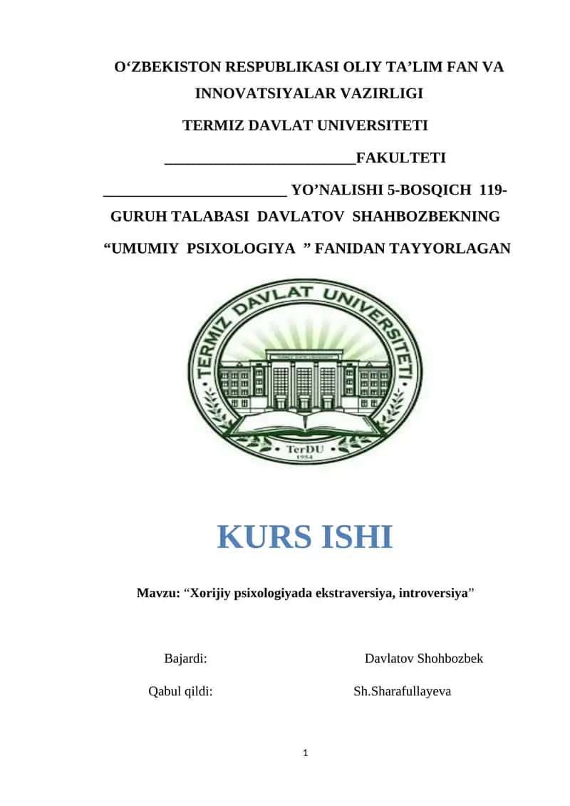 "Xorijiy psixologiyada ekstravеrsiya, introvеrsiya"