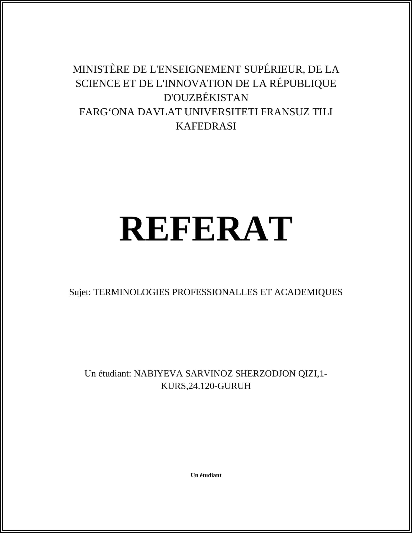 REFERAT: TERMINOLOGIES PROFESSIONALLES ET ACADEMIQUES