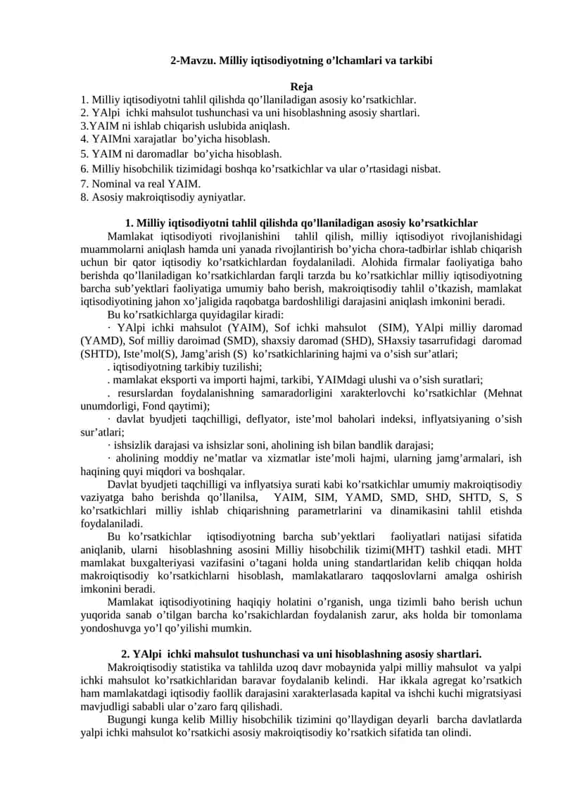 Milliy iqtisodiyotning oʼlchamlari va tarkibi