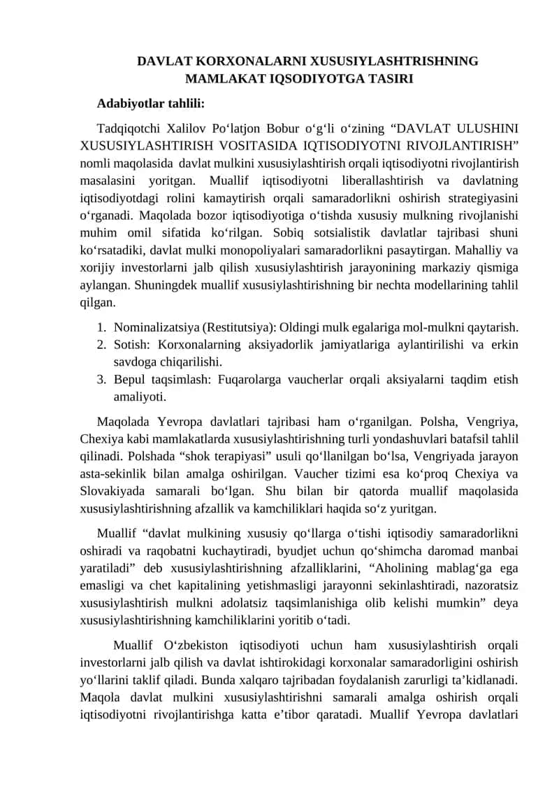 DAVLAT KORXONALARNI XUSUSIYLASHTRISHNING MAMLAKAT IQSODIYOTGA TASIRI