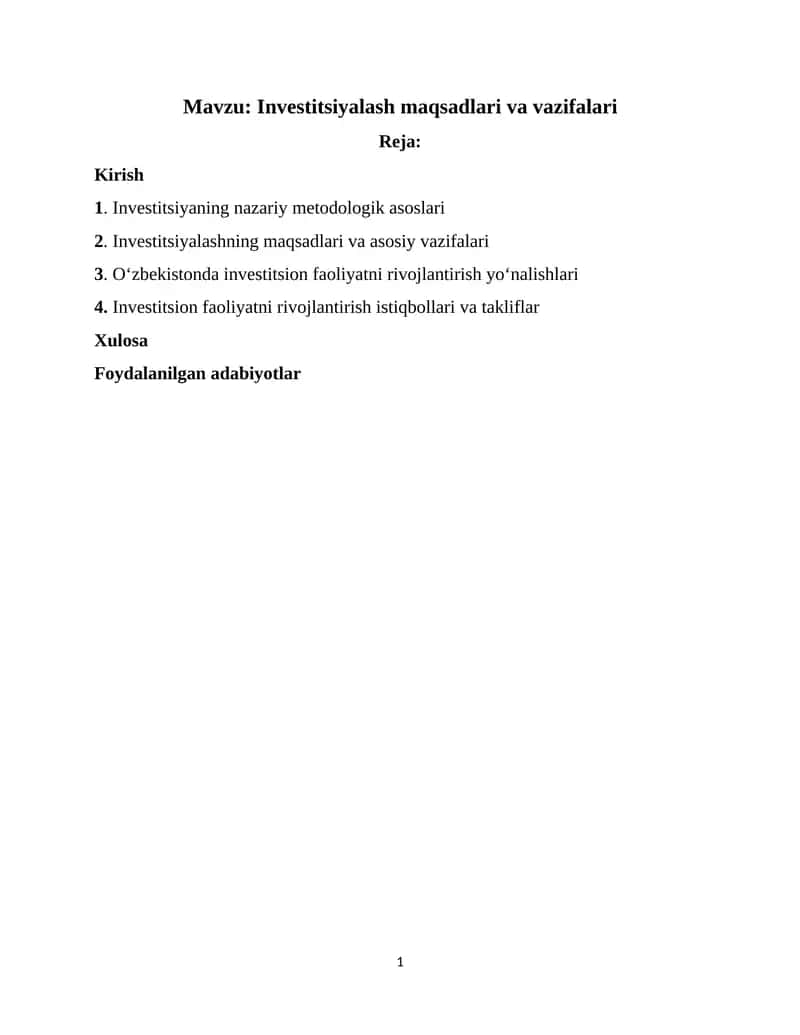 Investitsiyalash maqsadlari va vazifalari