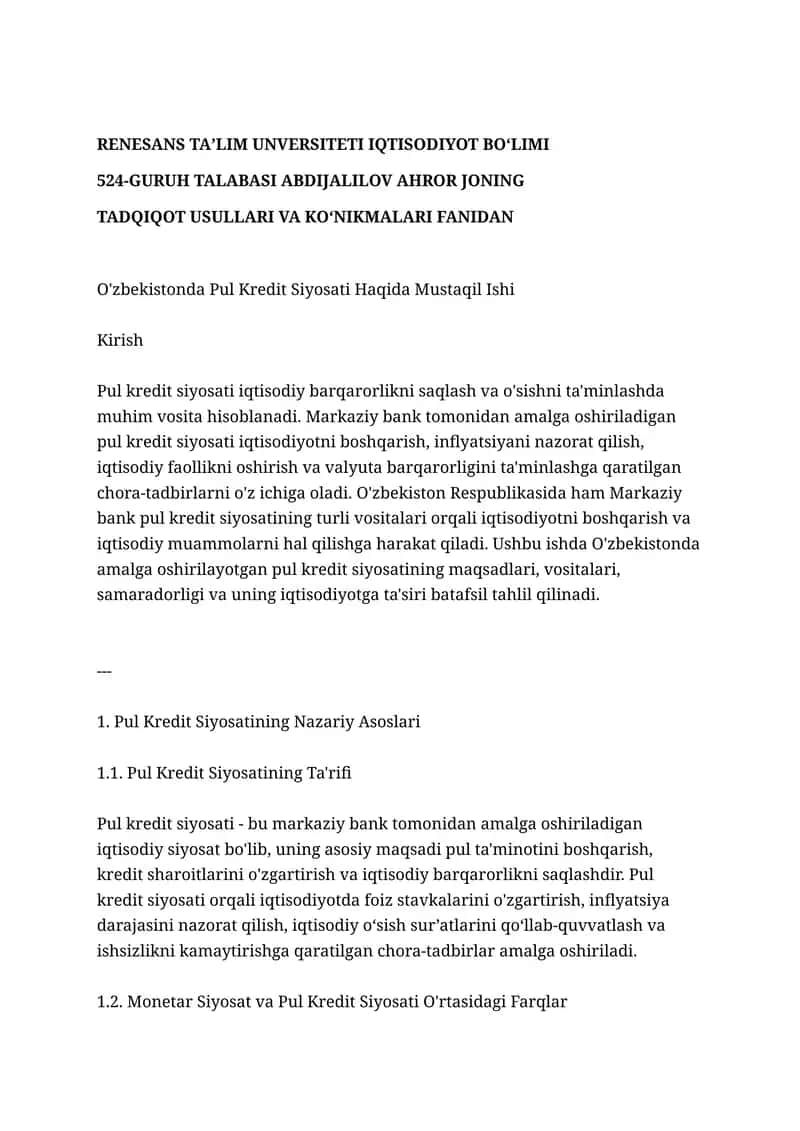 Pul Kredit Siyosati Haqida Mustaqil Ishi