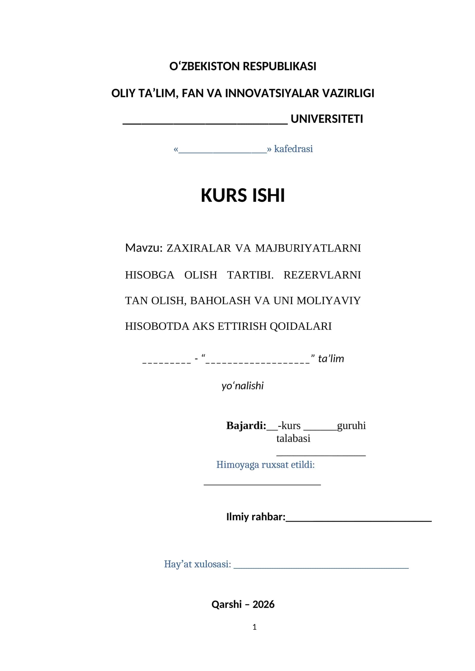 ZAXIRALAR VA MAJBURIYATLARNI HISOBGA OLISH TARTIBI. REZERVLARNI TAN OLISH, BAHOLASH VA UNI MOLIYAVIY HISOBOTDA AKS ETTIRISH QOIDALARI