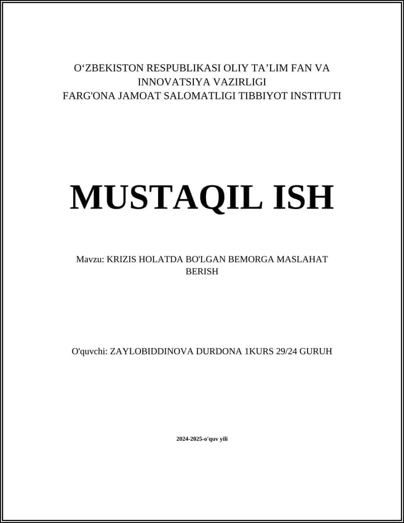 KRIZIS HOLATDA BO'LGAN BEMORGA MASLAHAT BERISH