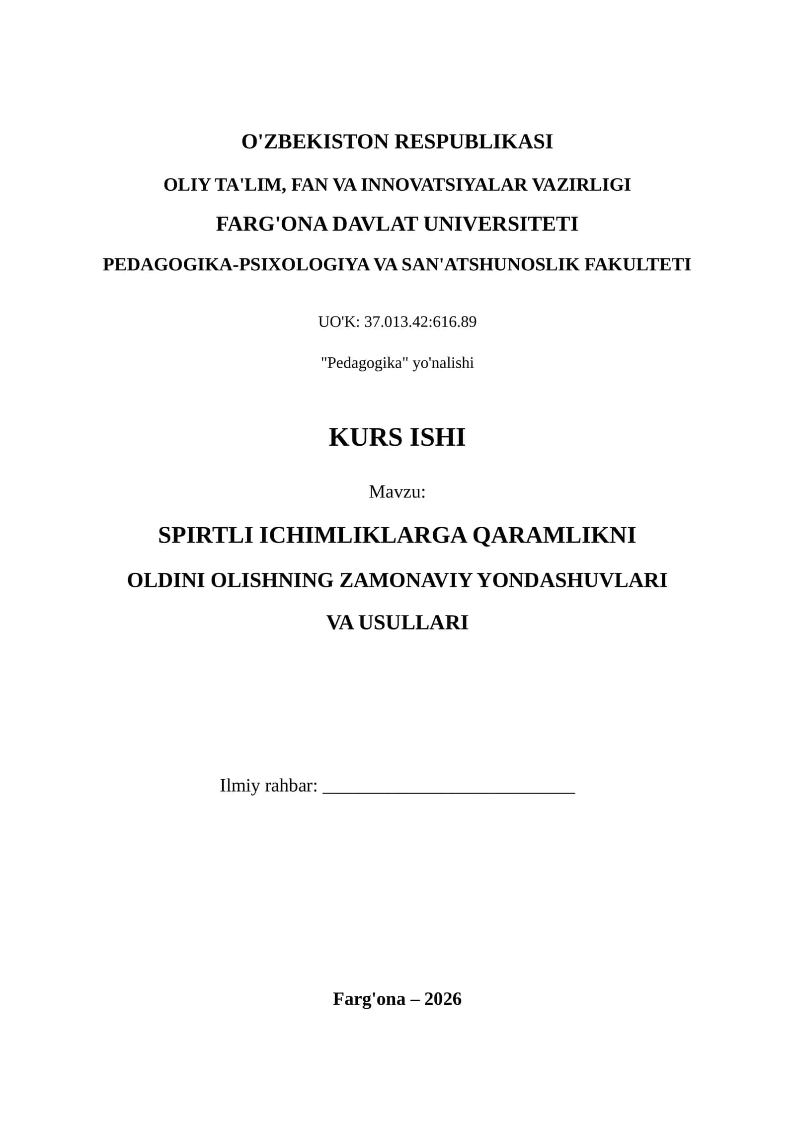 SPIRTLI ICHIMLIKLARGA QARAMLIKNI OLDINI OLISHNING ZAMONAVIY YONDASHUVLARI VA USULLARI