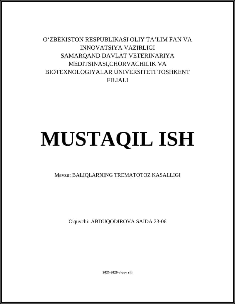 BALIQLARNING TREMATOTOZ KASALLIGI