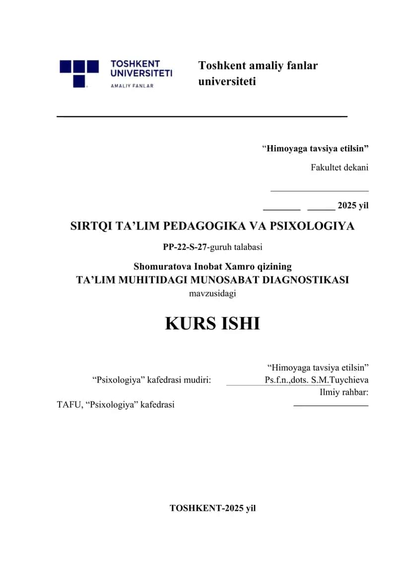 TA’LIM MUHITIDAGI MUNOSABAT DIAGNOSTIKASI