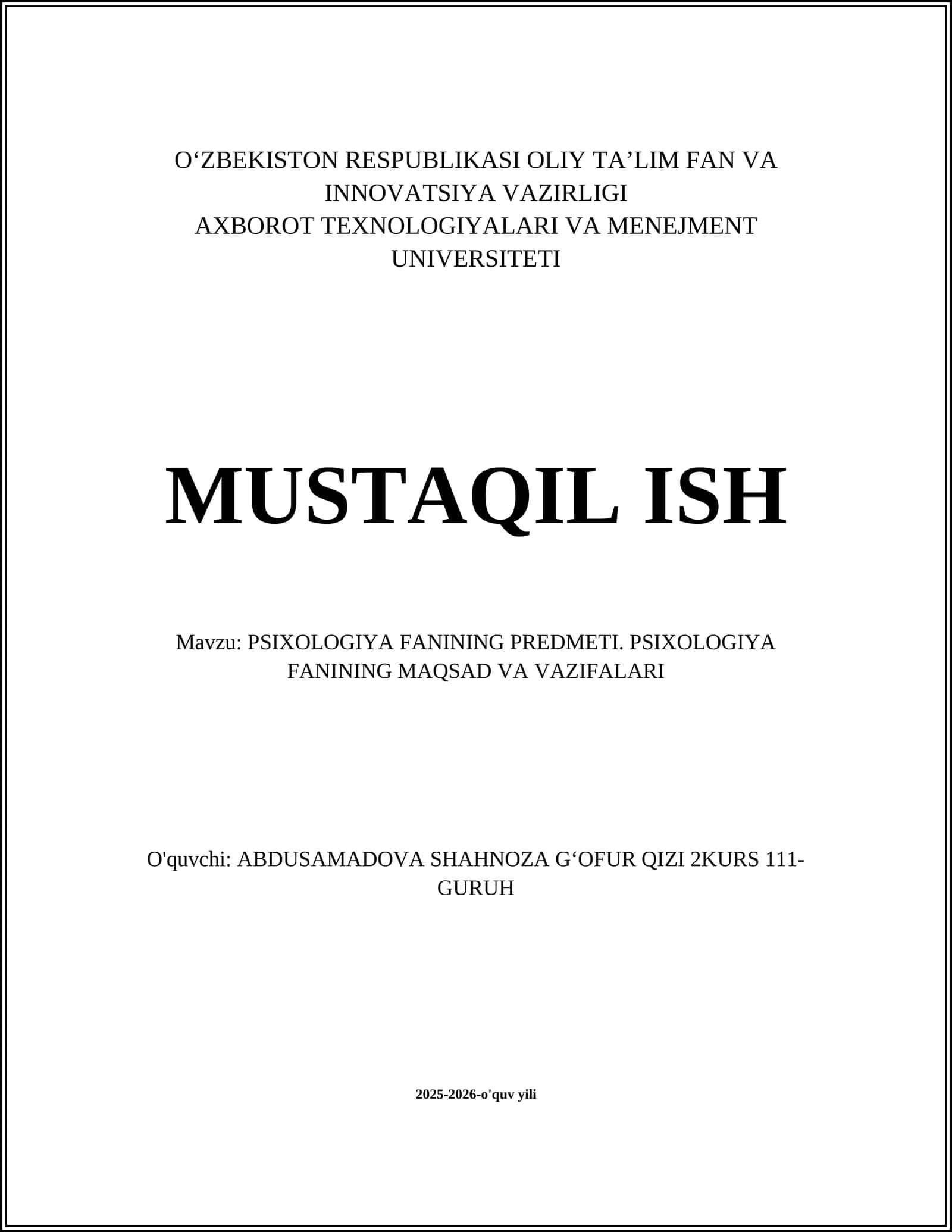 Psixologiya Fanining Predmeti