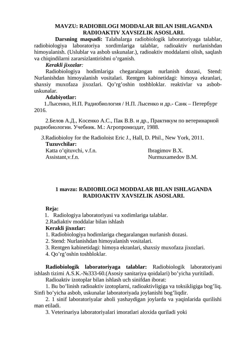 RADIOBILOGI MODDALAR BILAN ISHLAGANDA RADIOAKTIV XAVSIZLIK ASOSLARI