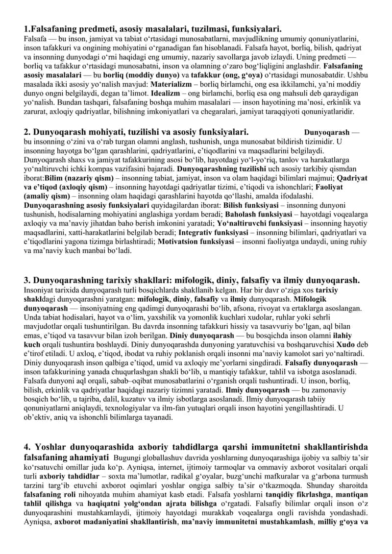 Falsafaning predmeti, asosiy masalalari, tuzilmasi, funksiyalari