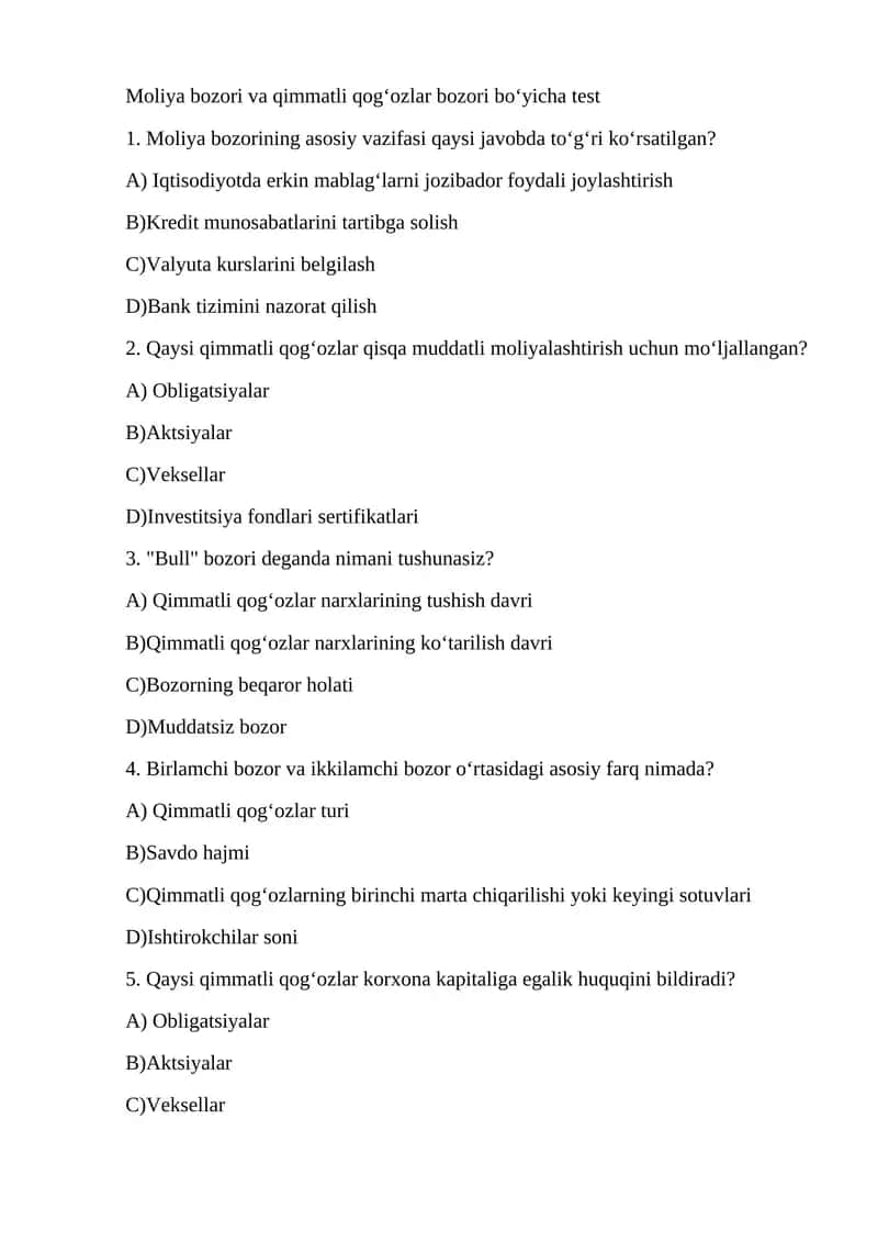 Moliya bozori va qimmatli qogʻozlar bozori boʻyicha test