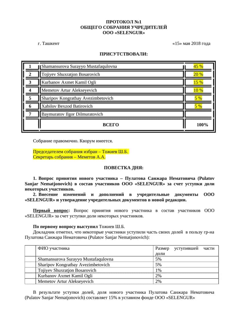 Протокол общего собрания учредителей ООО «SELENGUR»