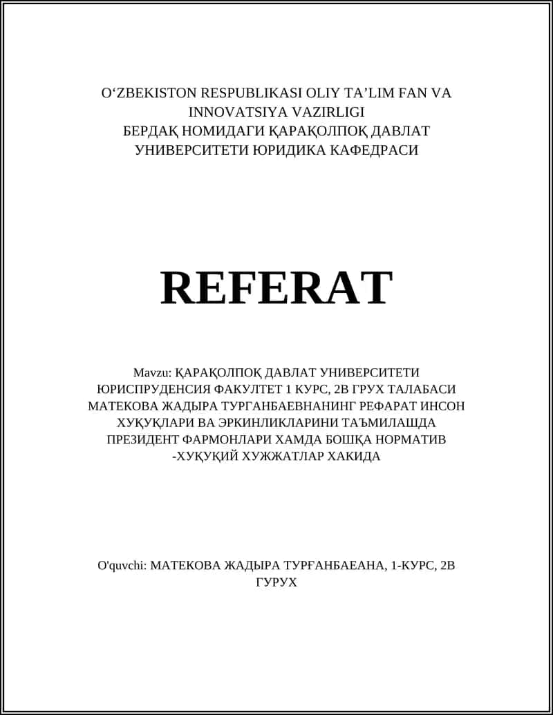 ҚАРАҚОЛП ДАВЛАТ УНИВЕРСИТЕТИ ЮРИДИКА КАФЕДРАСИ РЕФАРАТ