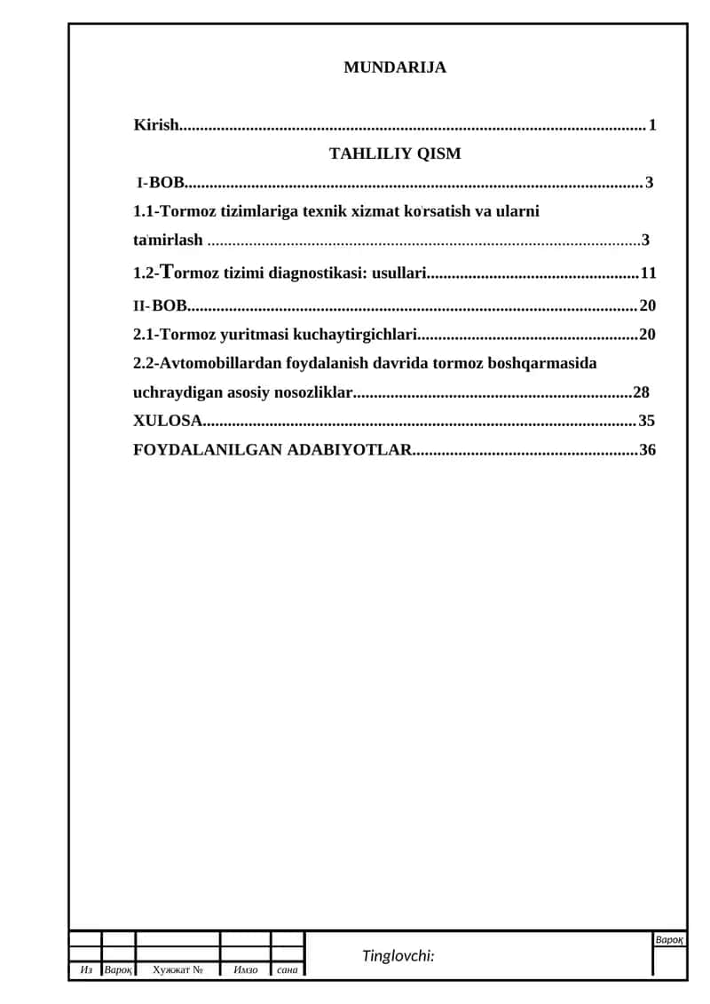 Tormoz tizimi diagnostikasi