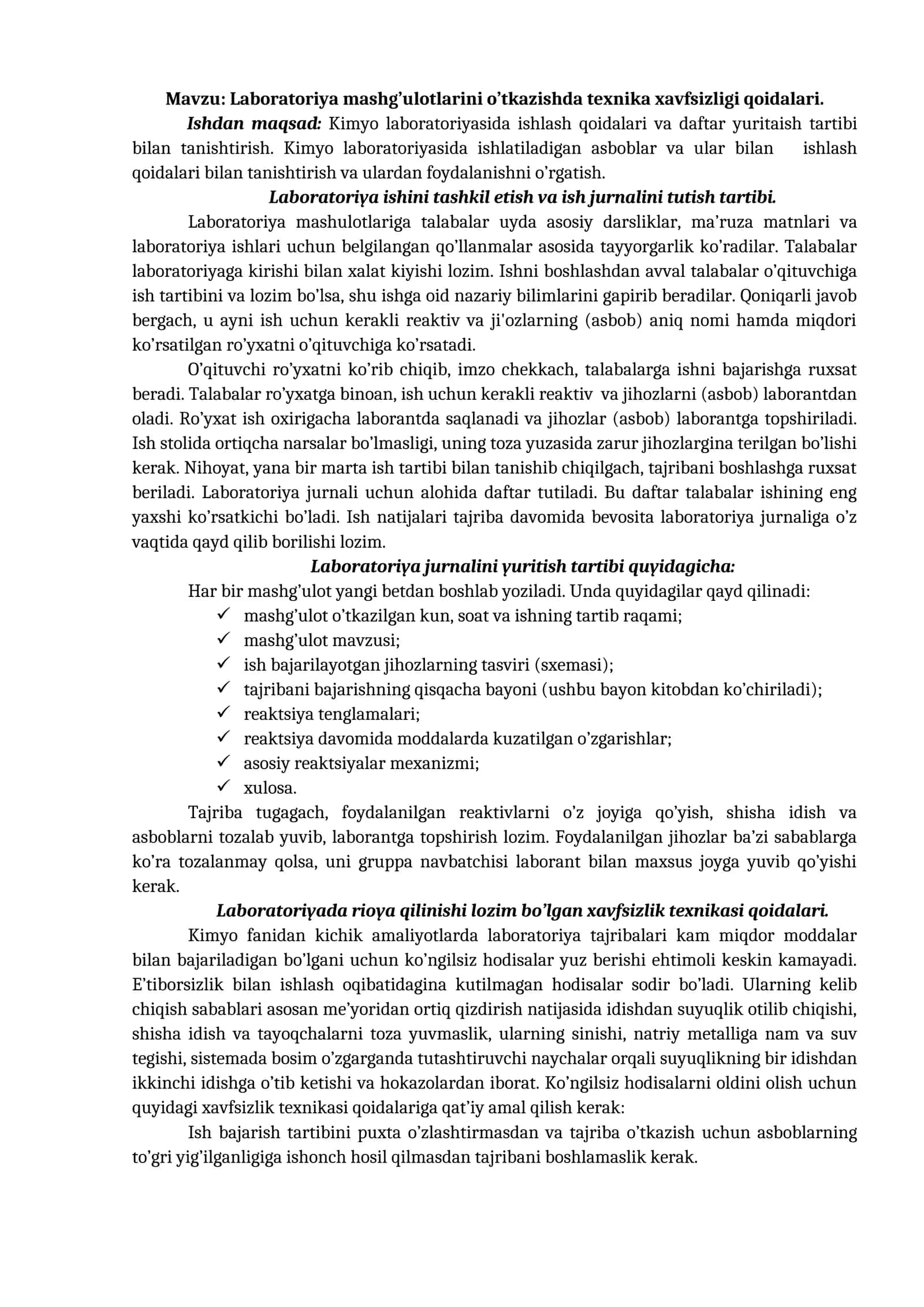 Laboratoriya mashg’ulotlarini o’tkazishda texnika xavfsizligi qoidalari