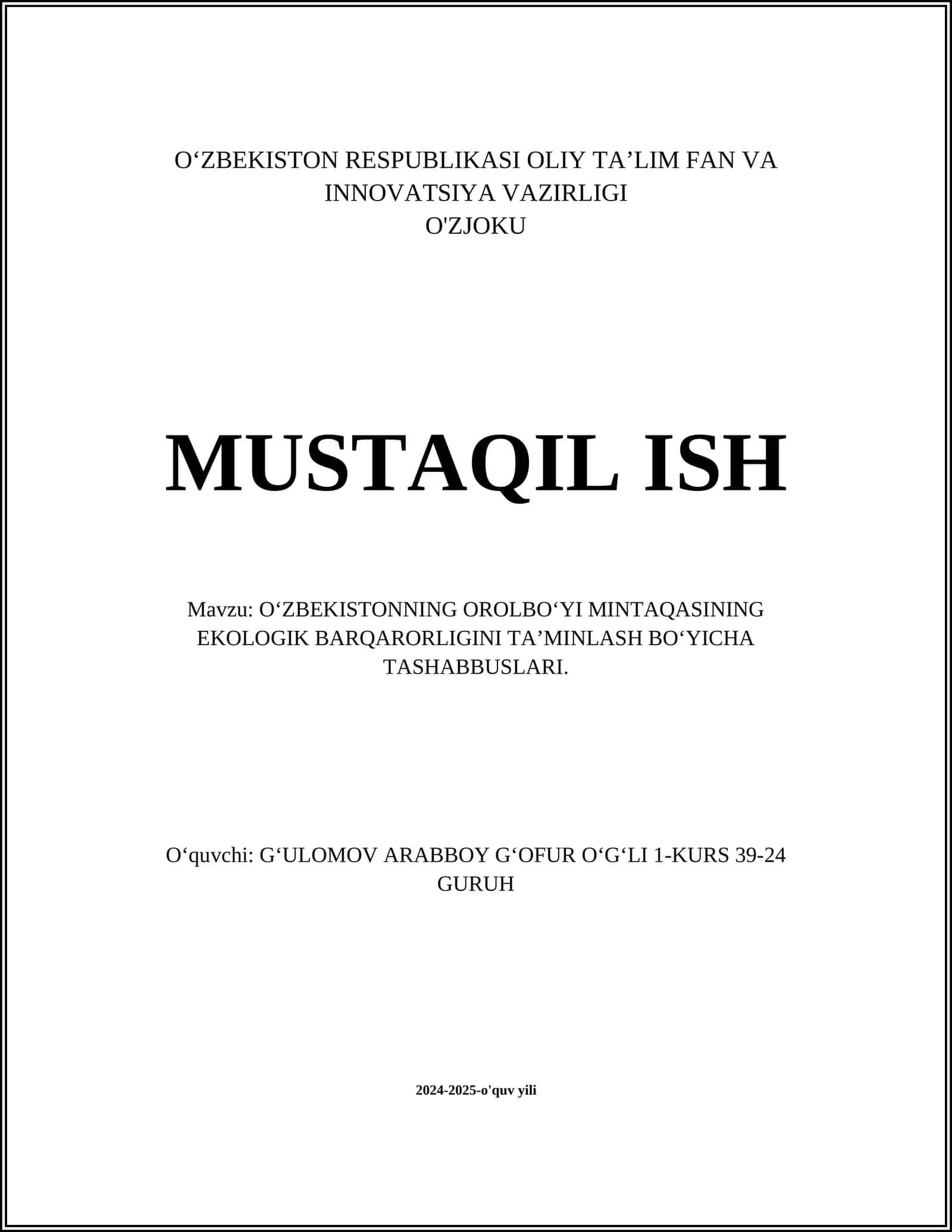 O‘ZBEKISTONNING OROLBO‘YI MINTAQASINING EKOLOGIK BARQARORLIGINI TA’MINLASH BO‘YICHA TASHABBUSLARI