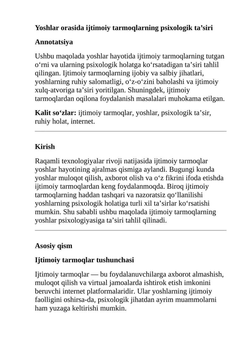 Yoshlar orasida ijtimoiy tarmoqlarning psixologik ta’siri