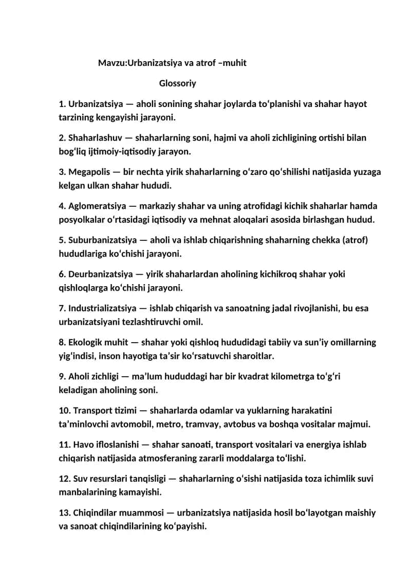 Urbanizatsiya va atrof โmuhit