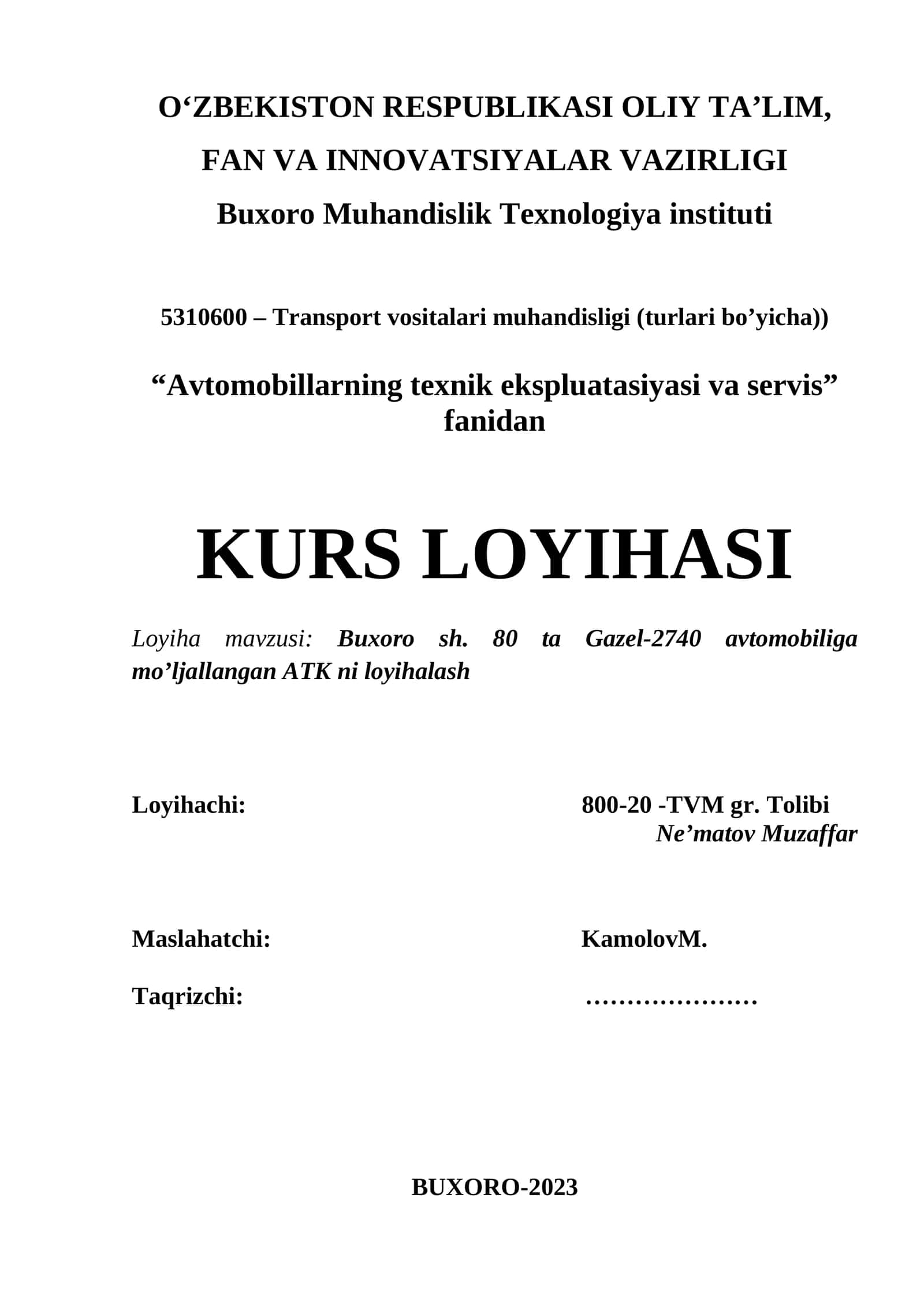 Avtomobillarning texnik ekspluatasiyasi va servis