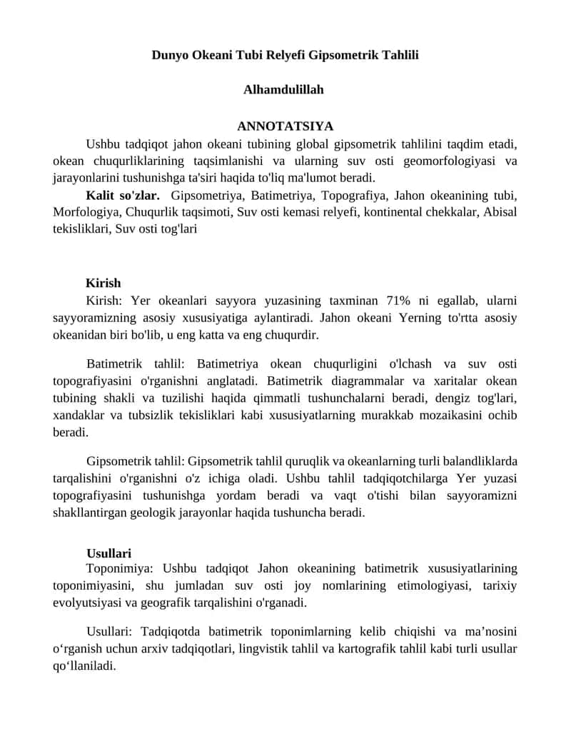 Dunyo Okeani Tubi Relyefi Gipsometrik Tahlili