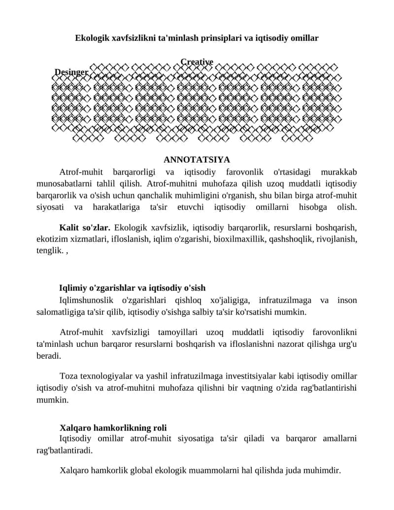 Ekologik xavfsizlikni ta'minlash prinsiplari va iqtisodiy omillar