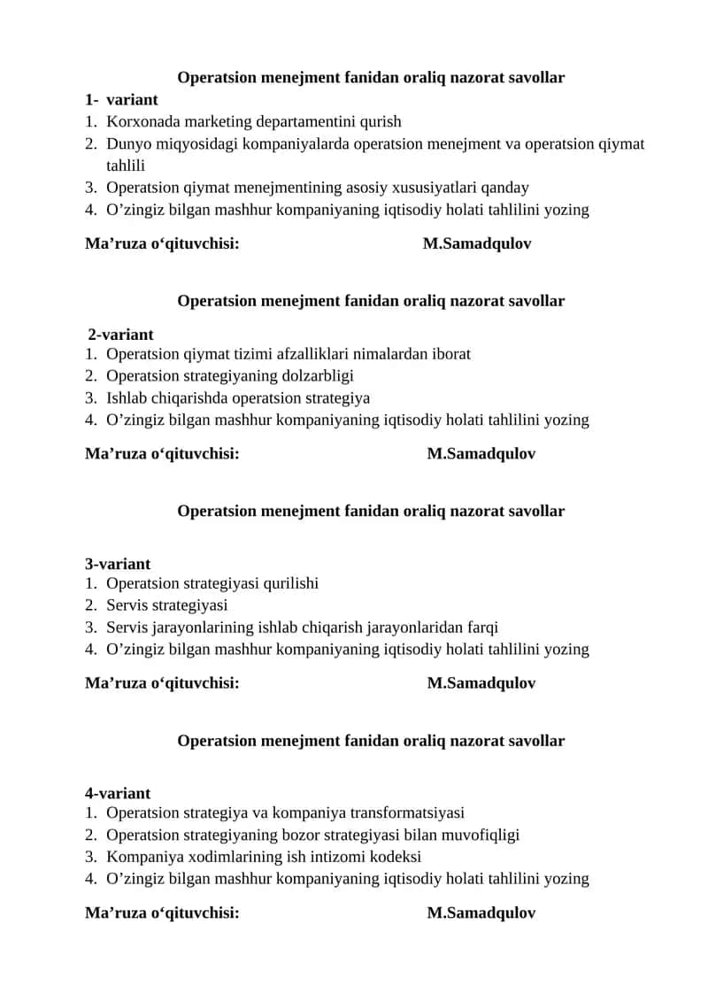 Operatsion menejment fanidan oraliq nazorat savollar
