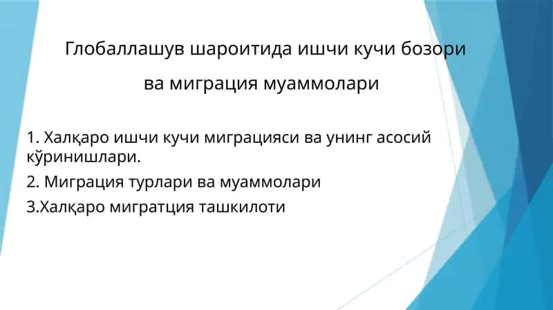 Глобаллашув шароитида ишчик кучи бозори ва миграция муаммолари