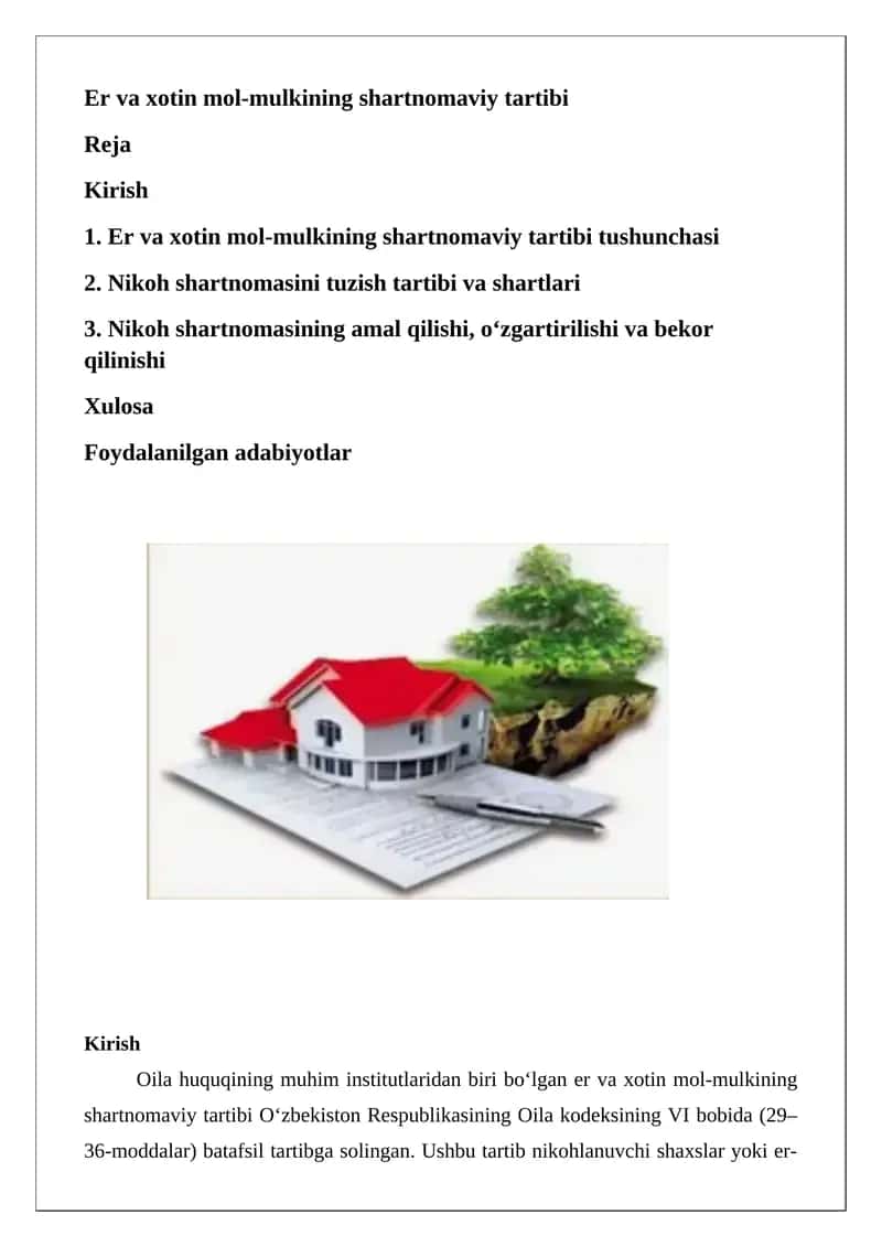 Er va xotin mol-mulkining shartnomaviy tartibi