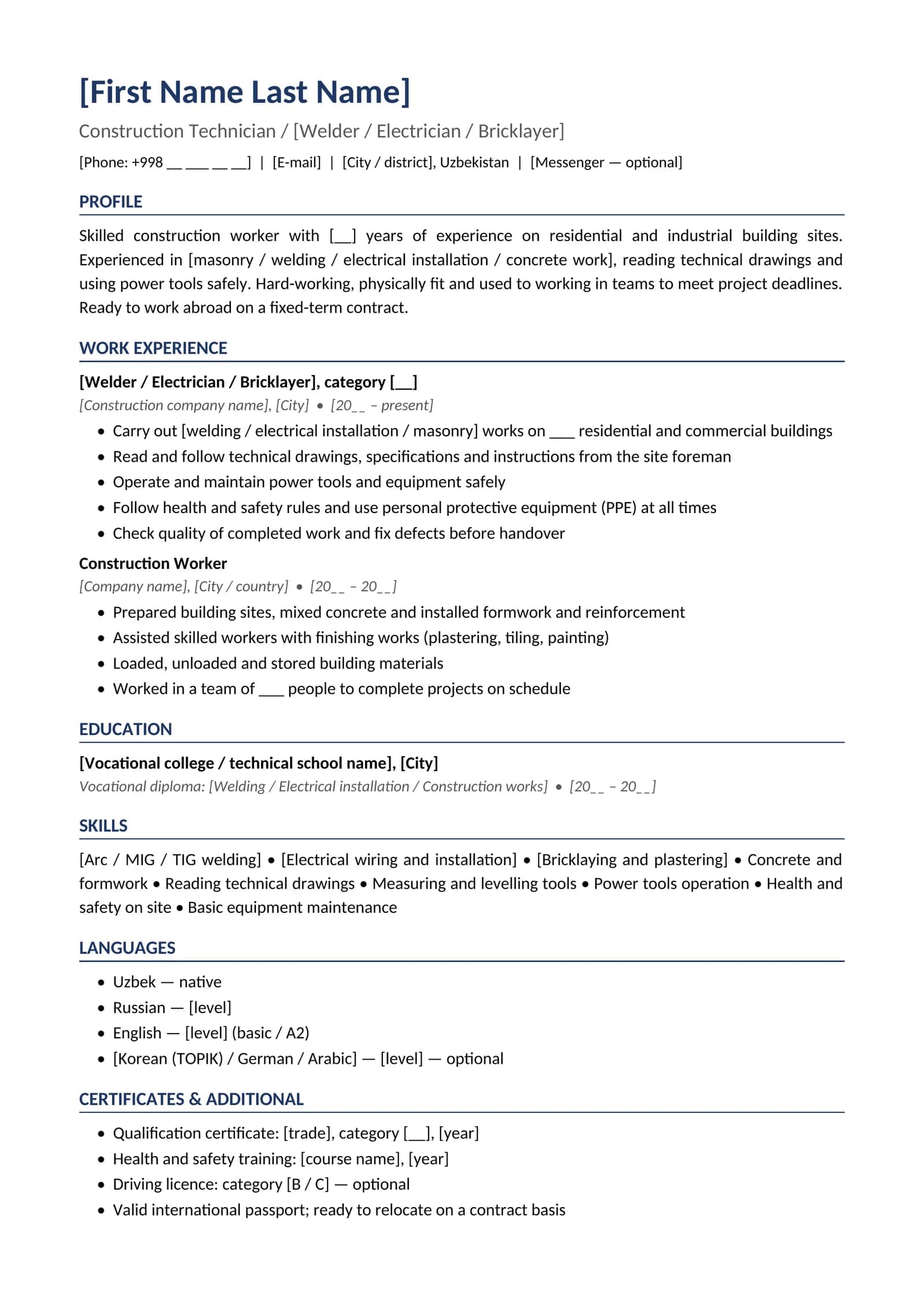 CV 10 English Construction worker technician for work abroad