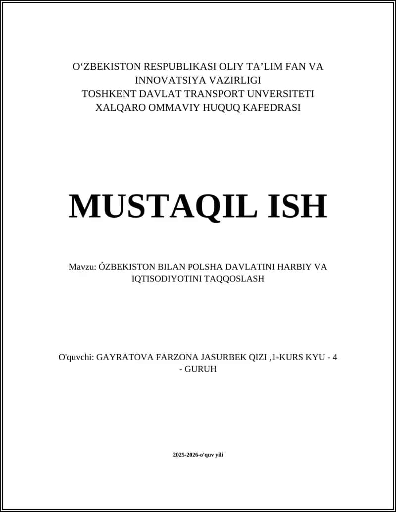 ÓZBEKISTON BILAN POLSHA DAVLATINI HARBIY VA IQTISODIYOTINI TAQQOSLASH