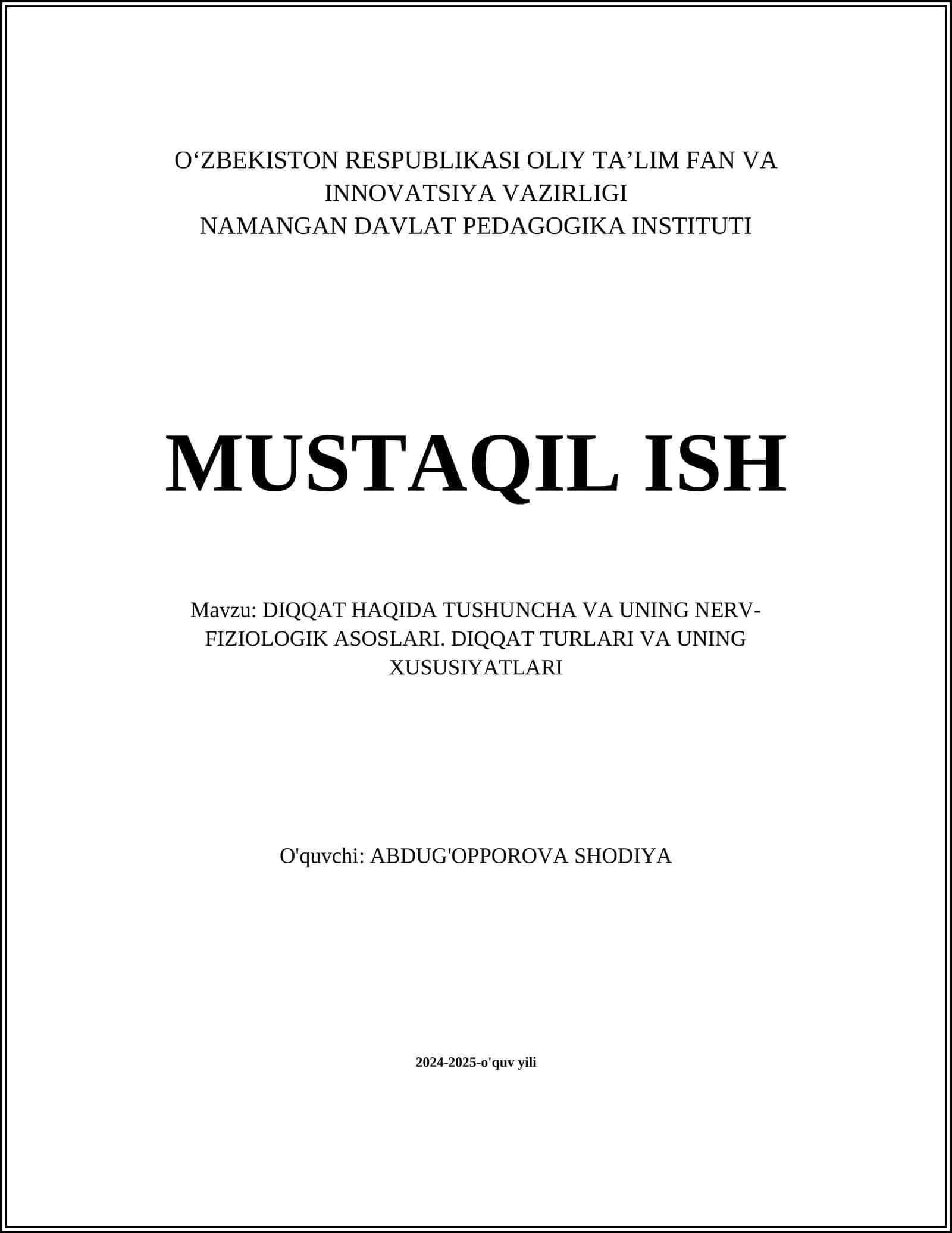 DIQQAT HAQIDA TUSHUNCHA VA UNING NERV-FIZIOLOGIK ASOSLARI