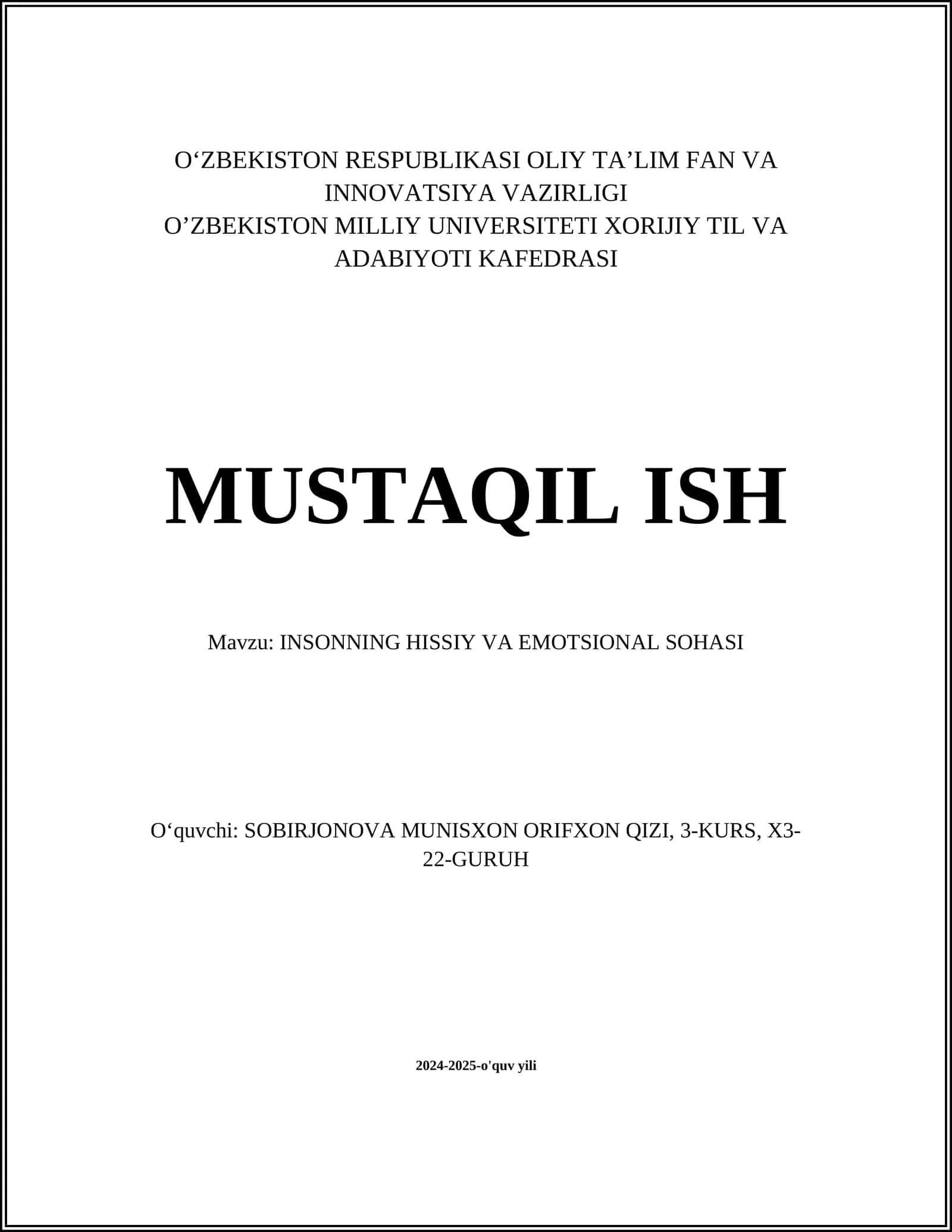 INSONNING HISSIY VA EMOTSIONAL SOHASI