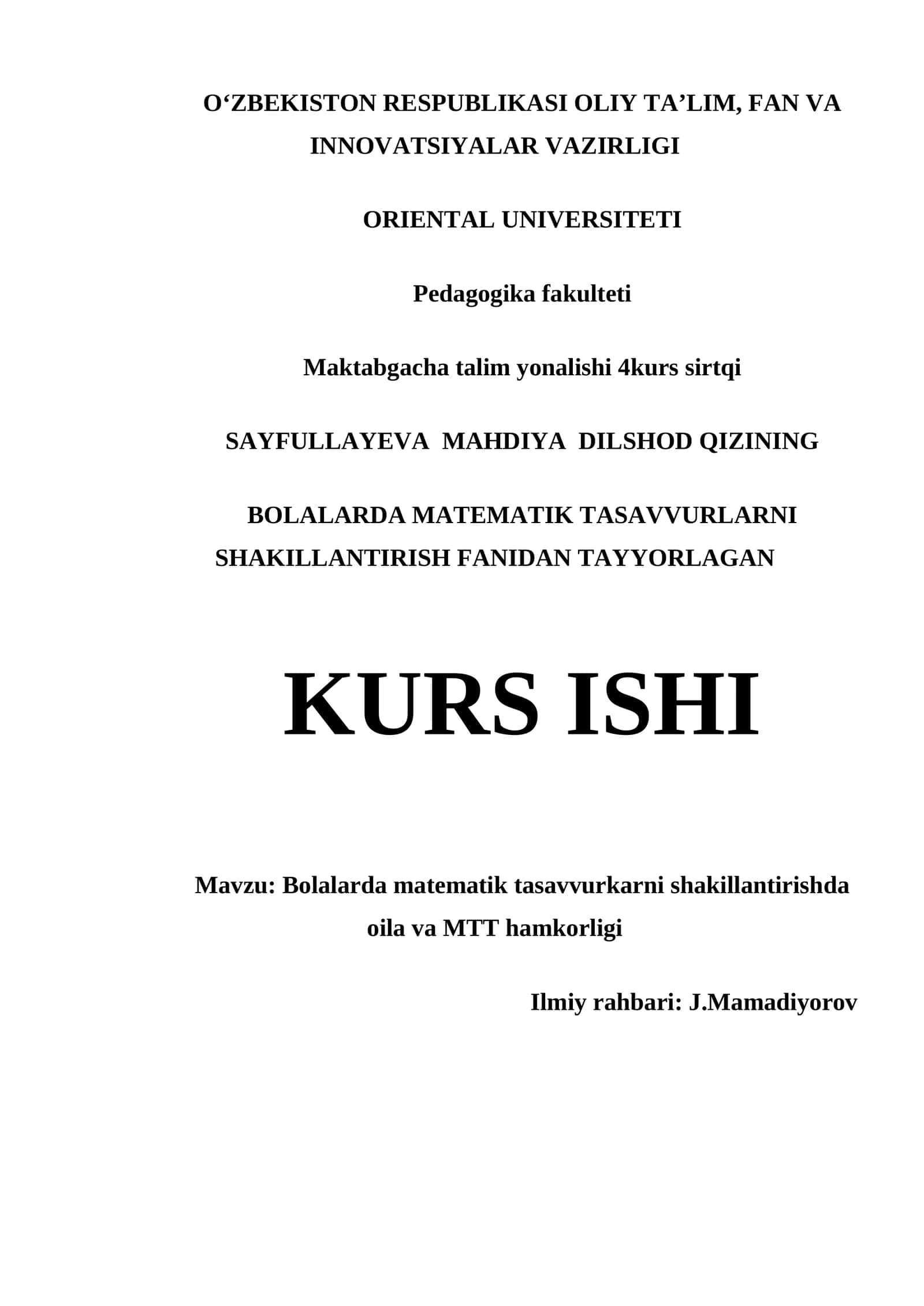 Bolalarda Matematik Tasavvurlarni Shakillantirishda Oila va MTT Hamkorligi