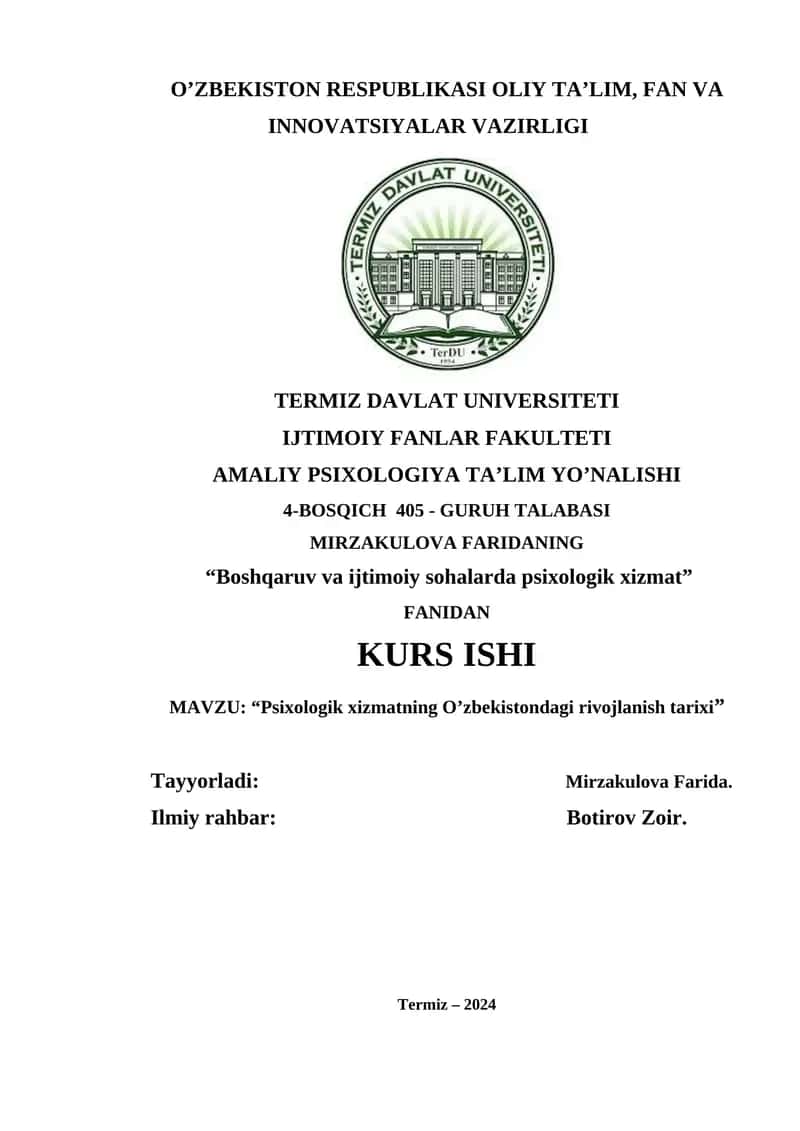 Psixologik xizmatning O’zbekistondagi rivojlanish tarixi