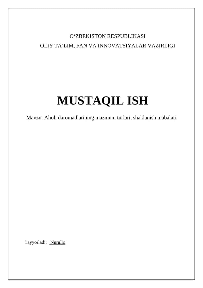 Aholi daromadlarining mazmuni turlari, shaklanish mabalari