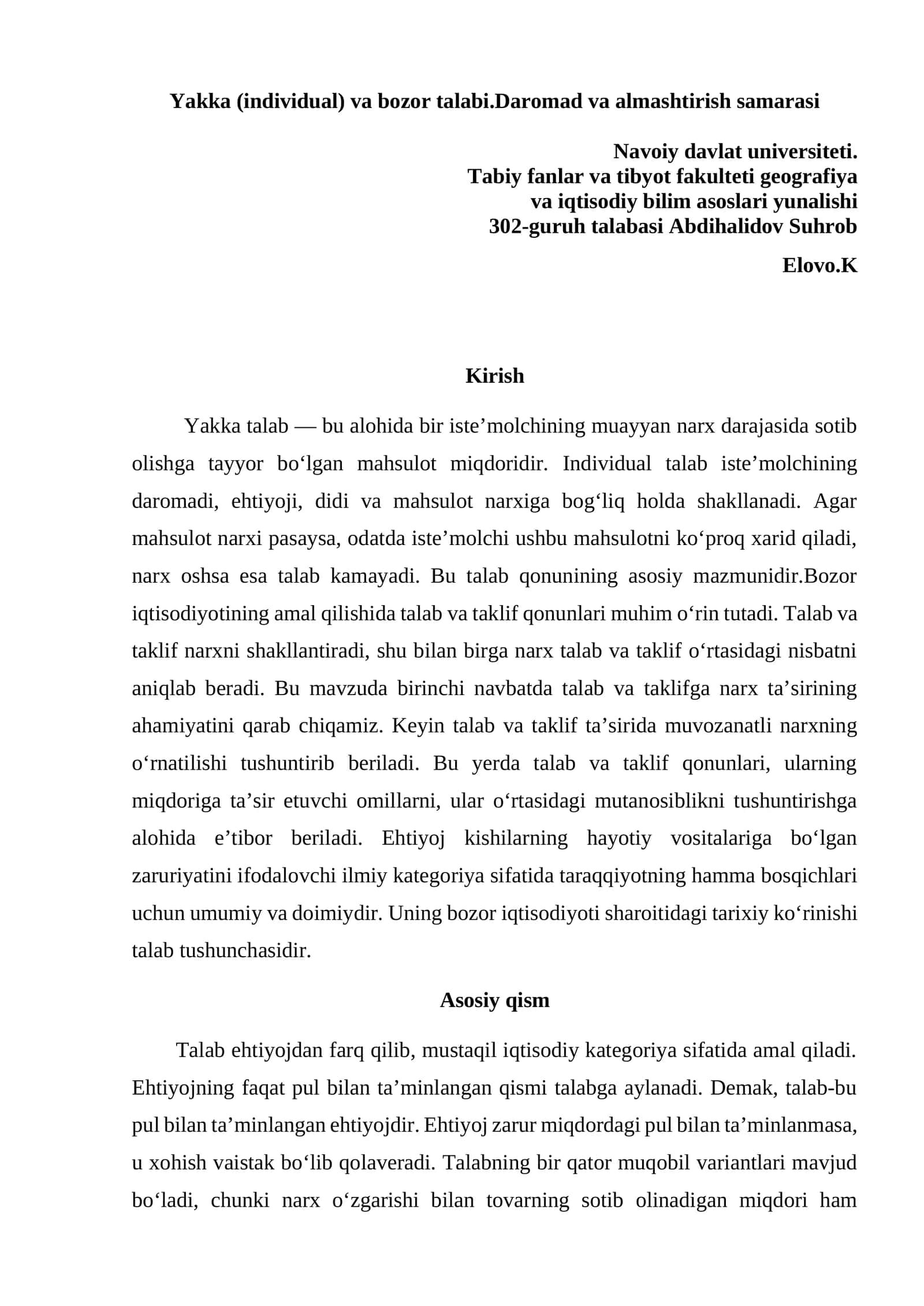 Yakka (individual) va bozor talabi.Daromad va almashtirish samarasi