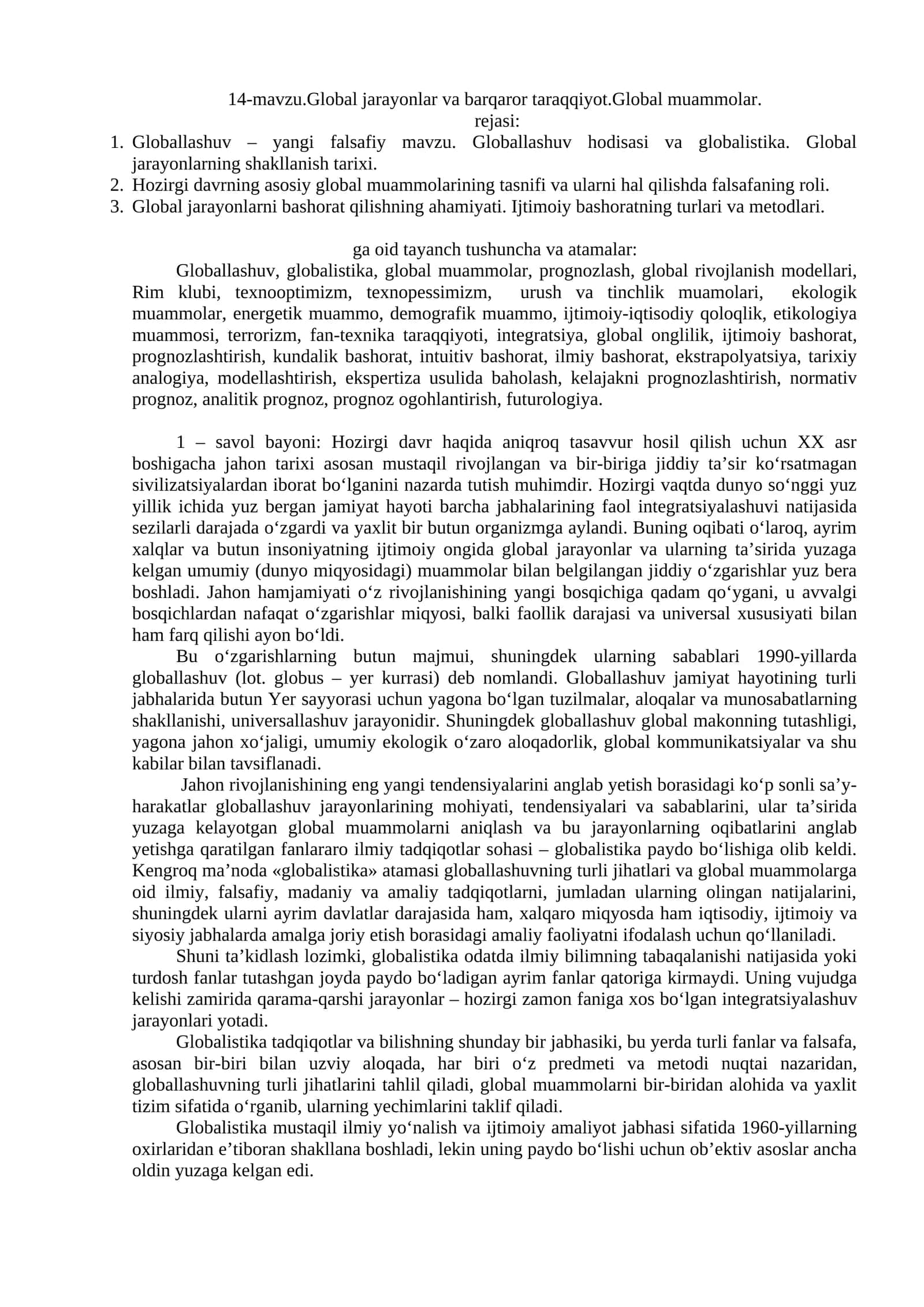 14-mavzu.Global jarayonlar va barqaror taraqqiyot.Global muammolar