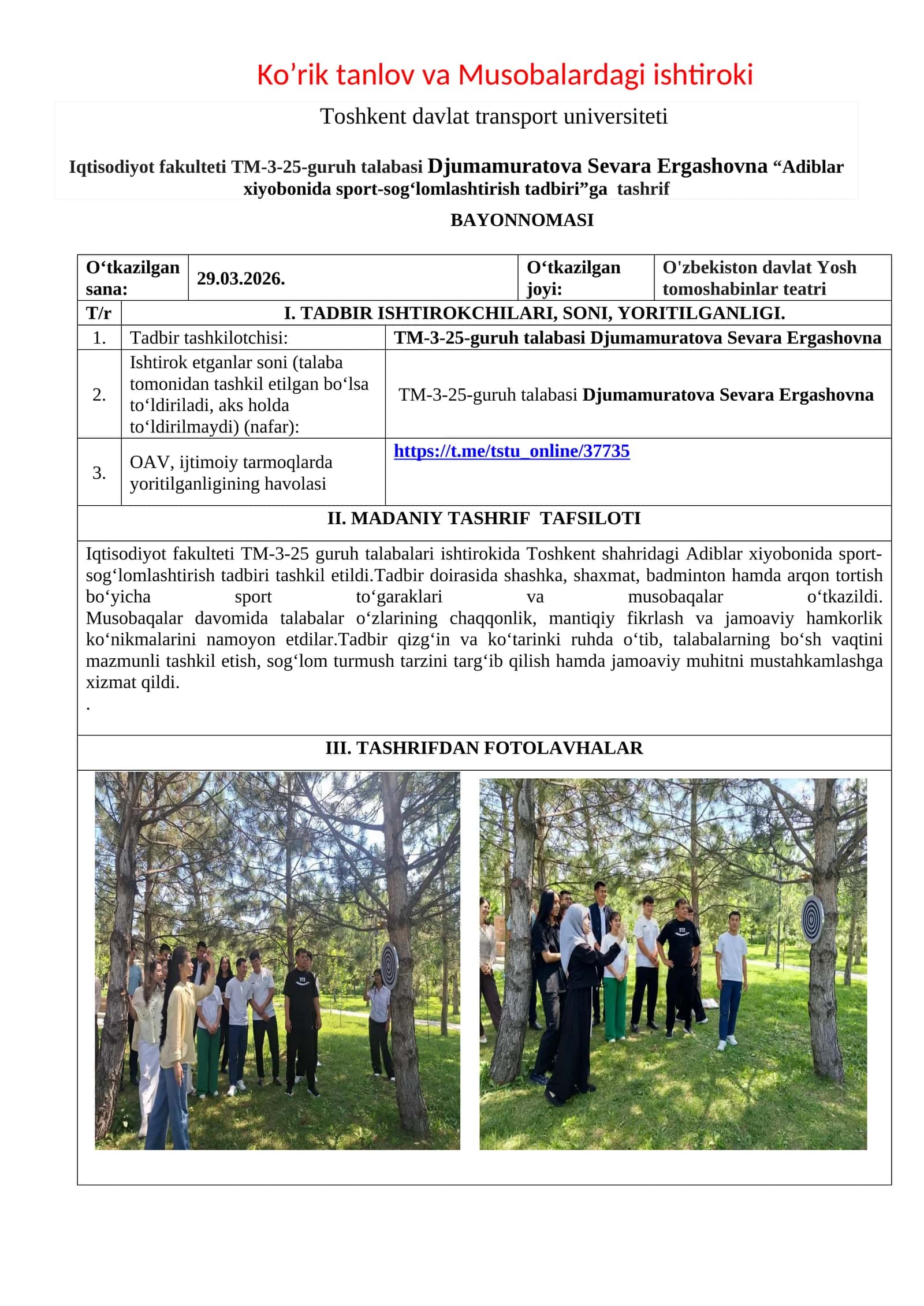 Adiblar xiyobonida sport-sog‘lomlashtirish tadbiri
