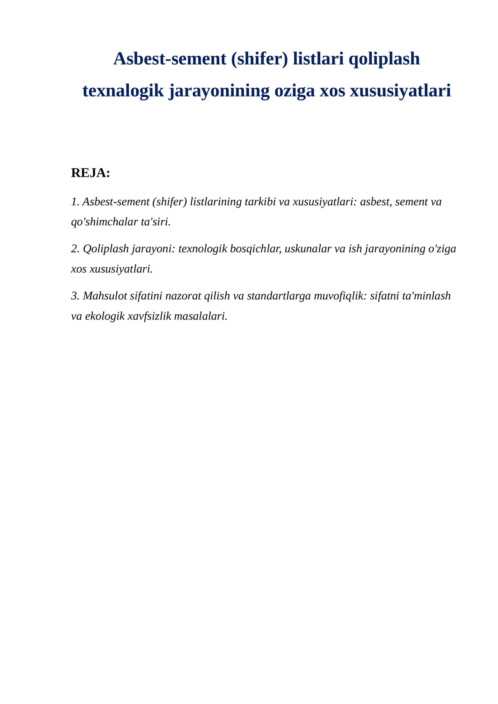 Asbest-sement (shifer) listlari qoliplash texnalogik jarayonining oziga xos xususiyatlari