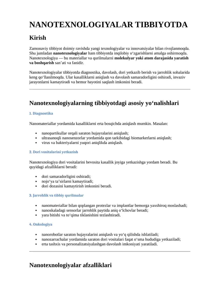 NANOTEXNOLOGIYALAR TIBBIYOTDA