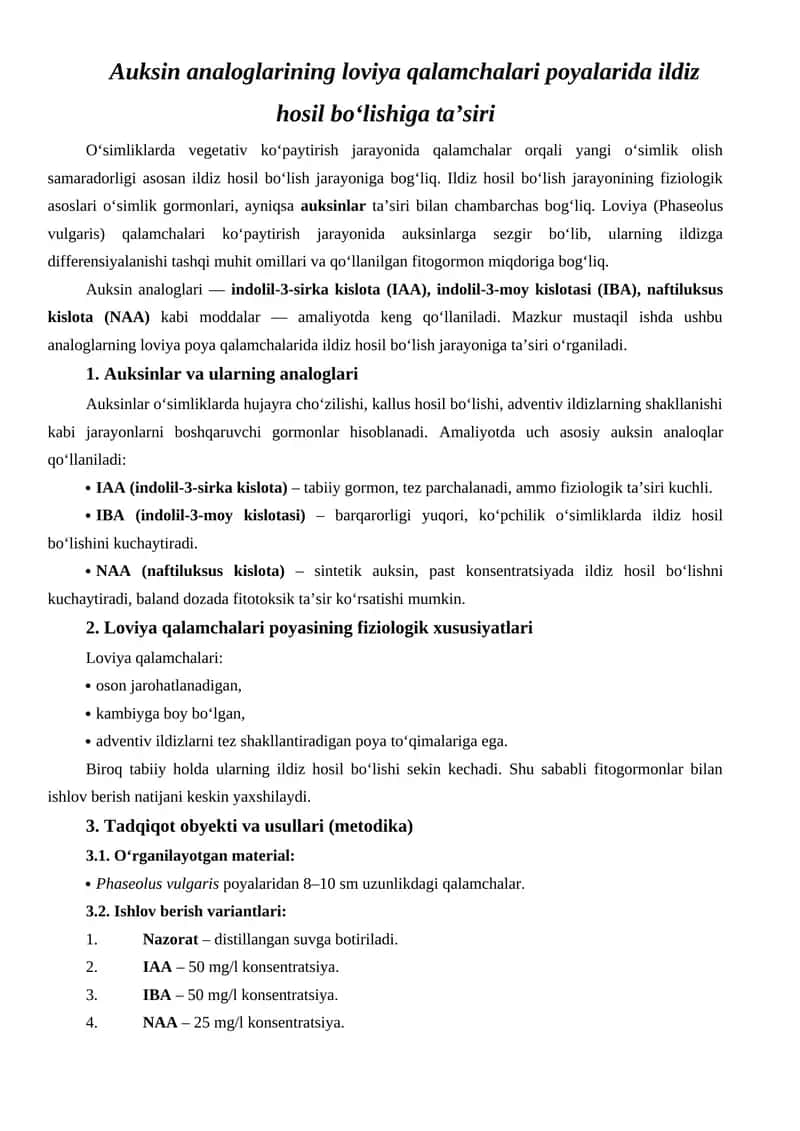 Auksin analoglarining loviya qalamchalari poyalarida ildiz hosil bo‘lishiga ta’siri