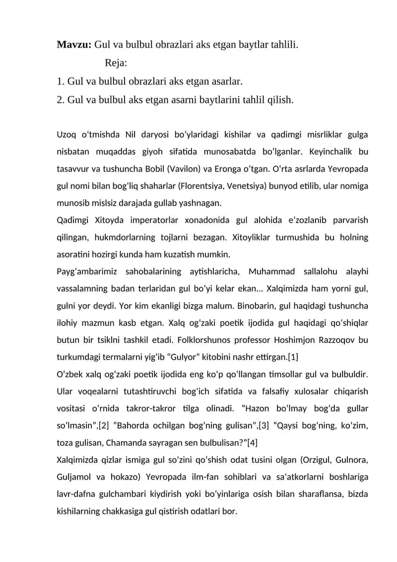 Gul va bulbul obrazlari aks etgan baytlar tahlili